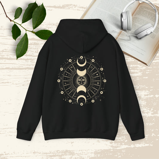 Spiritual Sun Moon Celestial Unisex Hoodie - printed front and back - Meditating Buddha - Spiritual Witchy Hoodie