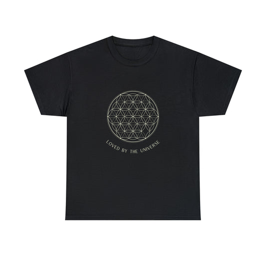 Blume des Lebens T-Shirt Unisex – Spirituelles Shirt „Loved by the Universe“ | Schwarz & Symbolkraft